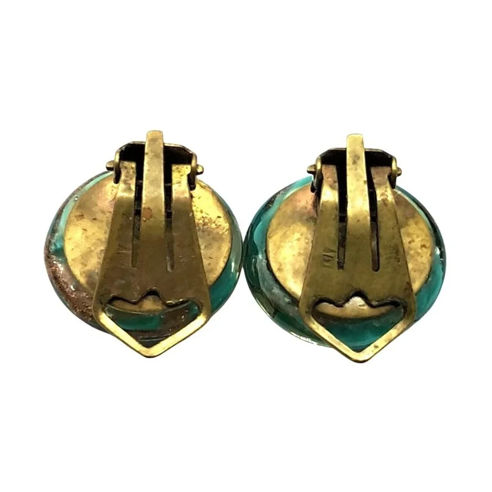 Vintage Murano Glass Earrings Signed  Made Italy Green Gold Glitter Clip Ons Cos - Picture 7 of 9